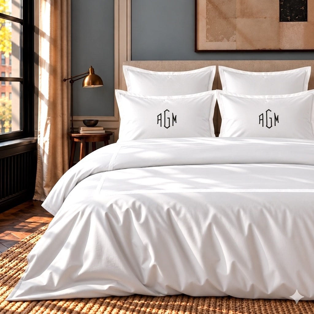 TYPEFACE 8 Luxe monogrammed bedding in white 1000 TC sateen with ivory tone-on-tone border and monogram pillowcases