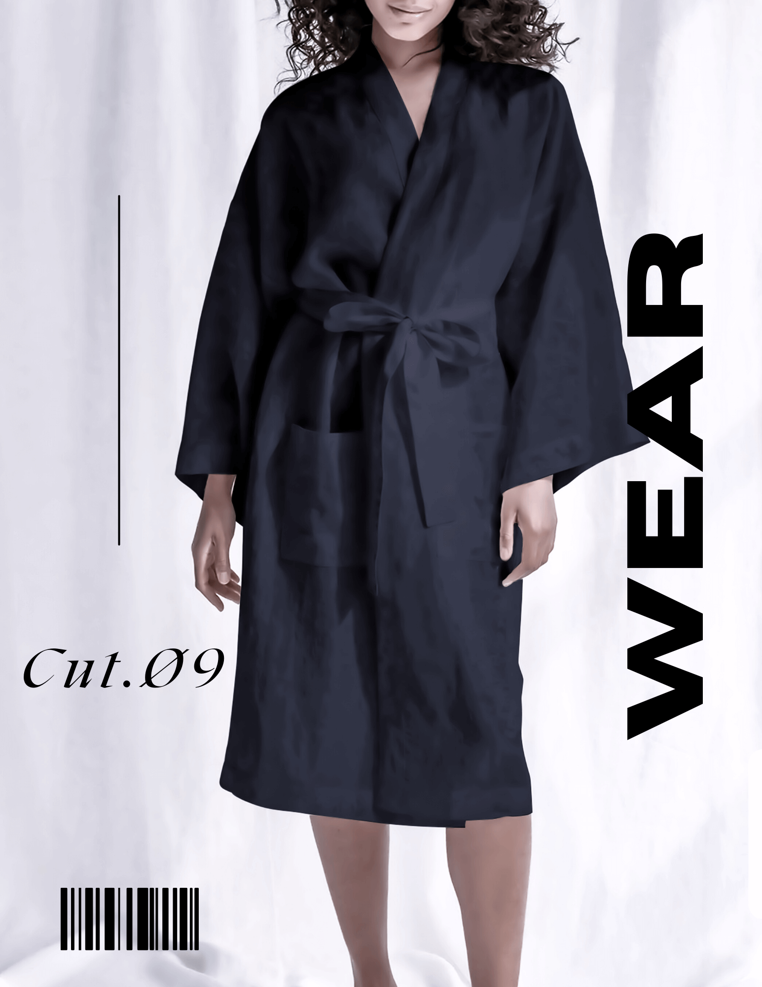 CUT Ø9 - MONOGRAMMED COTTON SILKY ROBE - NAVY