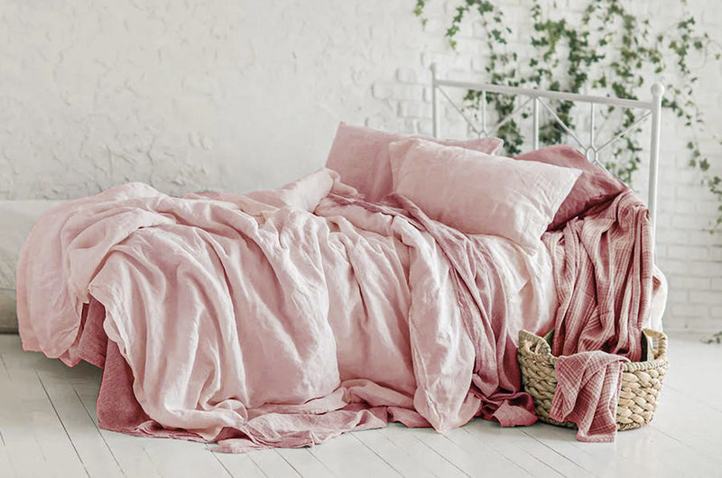 Stone washed linen rose bed sheets, pink bedding sets