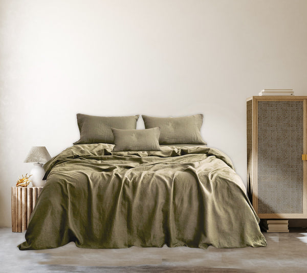 MOSS OLIVE GREEN LINEN DUVET COVER With  Pillowcases
