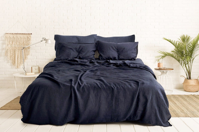 navy blue bed sheet, dark blue linen bed sheet